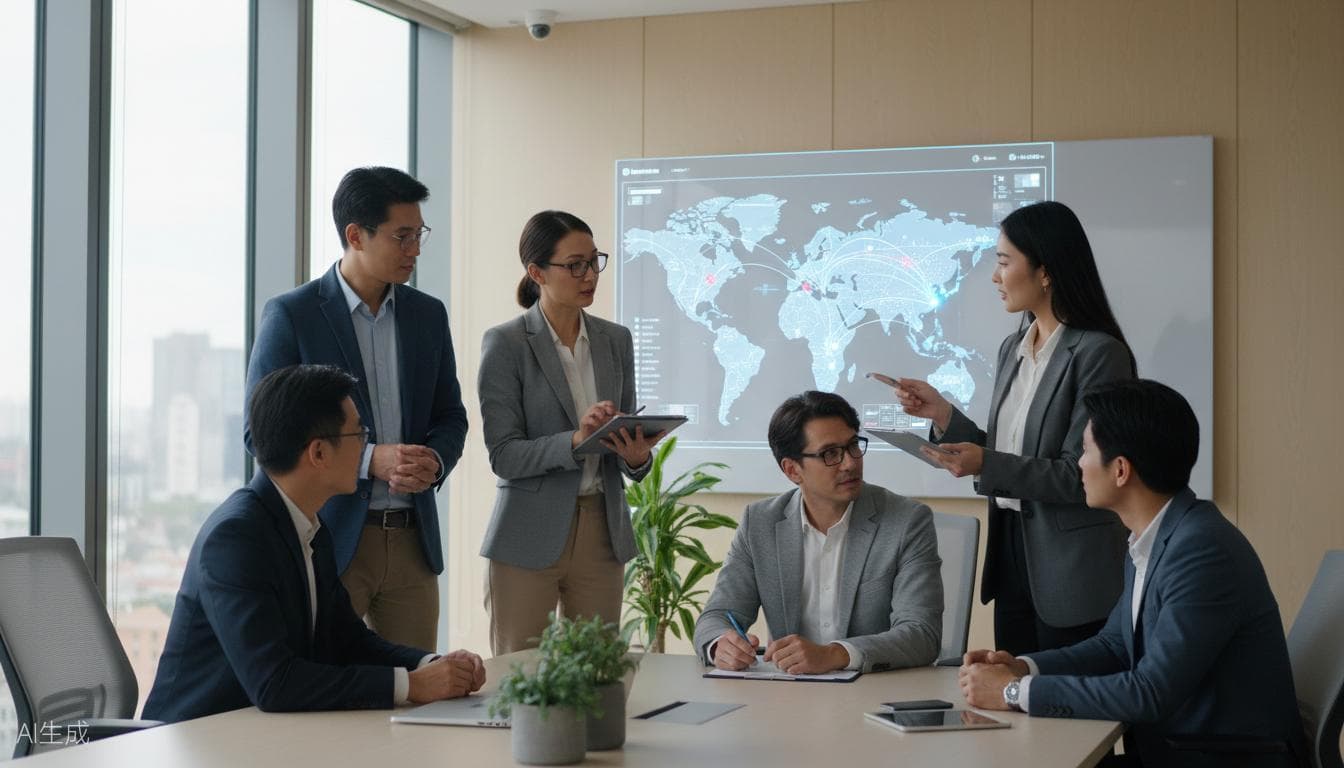 Six people in business clothing standing and seated around a meeting-room table, looking at a screen showing a world map with route lines.