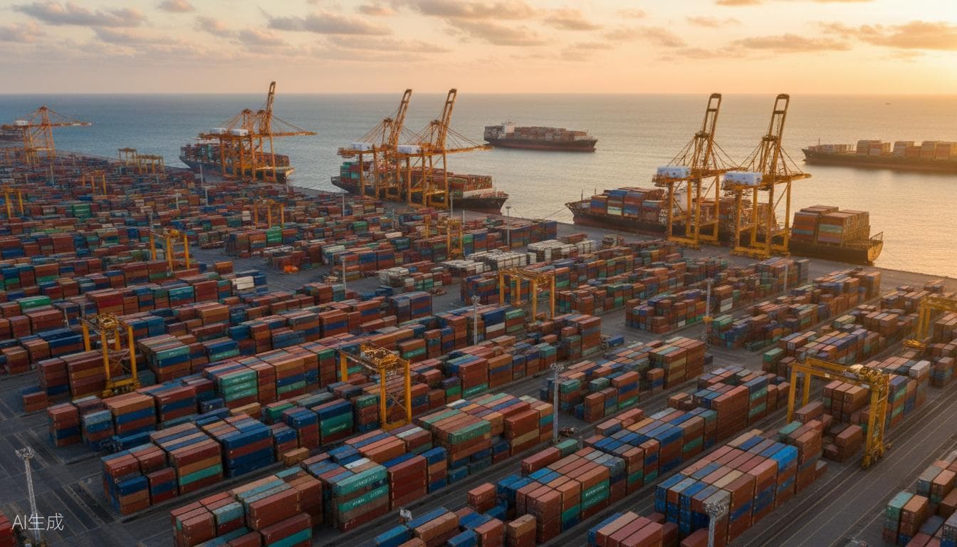 Aerial view of a container terminal at sunset: rows of stacked shipping containers, gantry cranes, and container ships at berth.