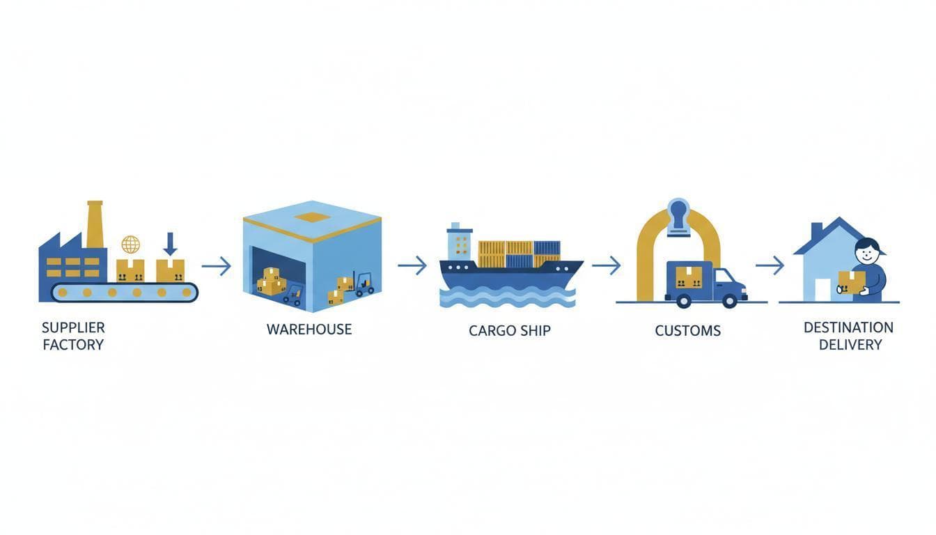 Diagram of a generic shipping sequence in five labelled stages: supplier factory, warehouse, cargo ship, customs, then destination delivery.