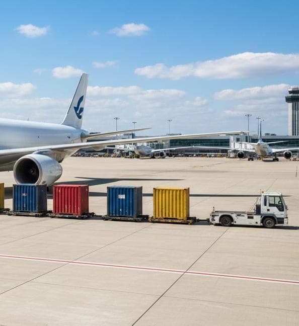 A freighter aircraft parked on an airport apron beside a line of air cargo containers and a tug.