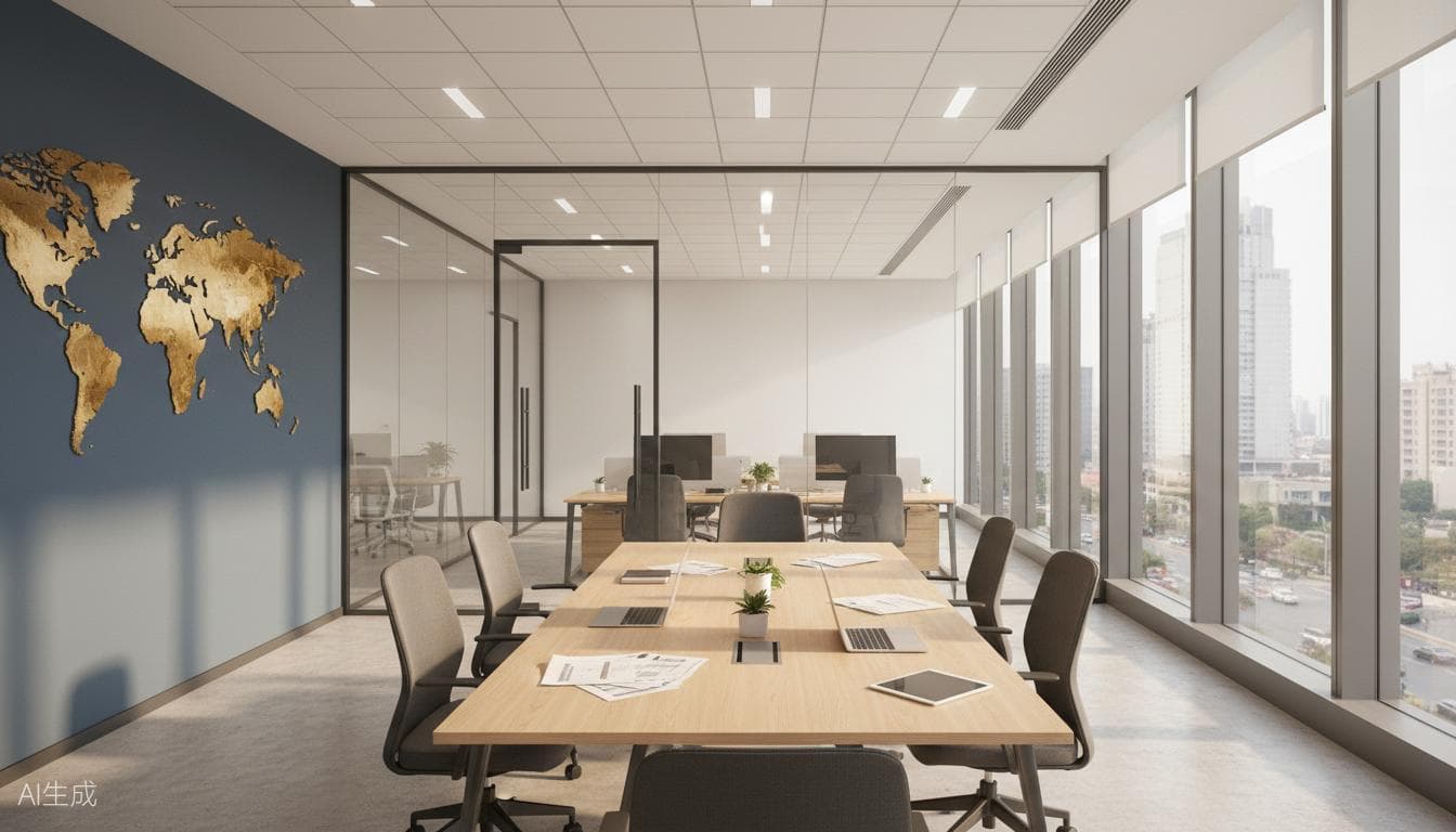 An empty meeting room with a long wooden table, office chairs, and a gold world map on a navy wall, with desks visible through a glass partition.