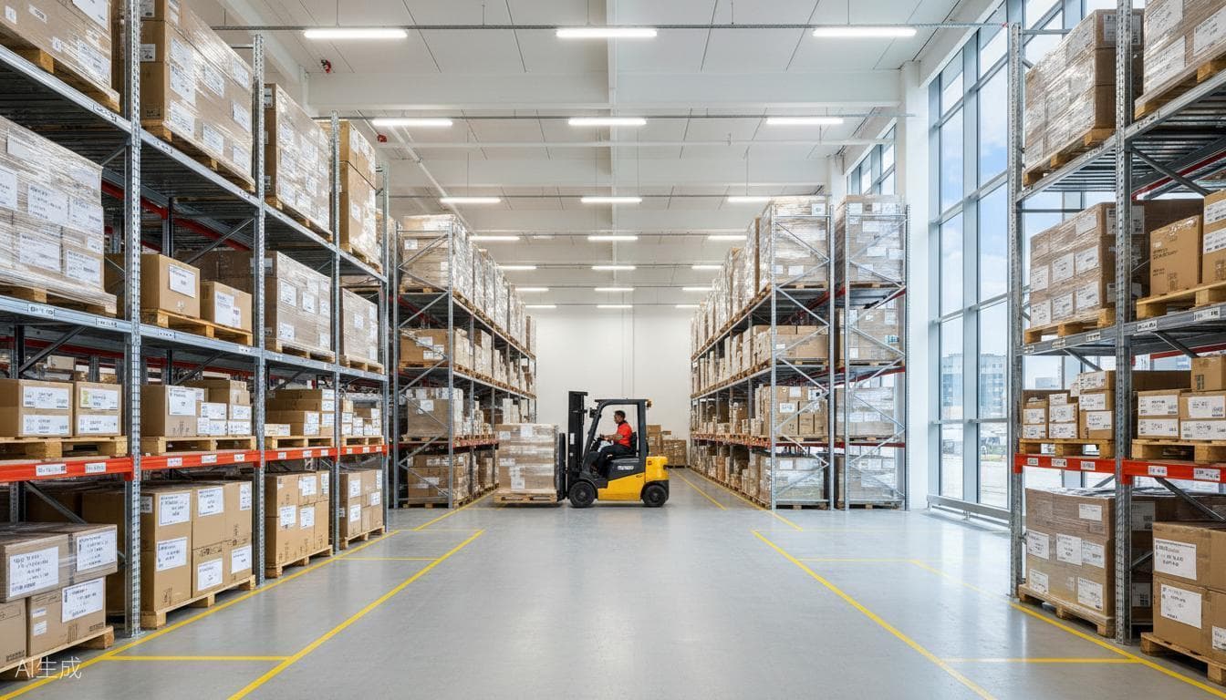 Boxed goods on pallets stacked several levels high in warehouse racking, with a forklift in the central aisle.